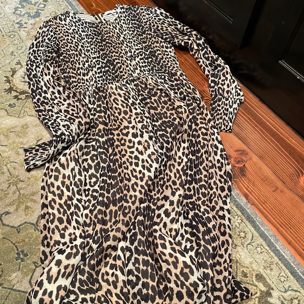 Ganni Leopard Print Long Sleeve Dress